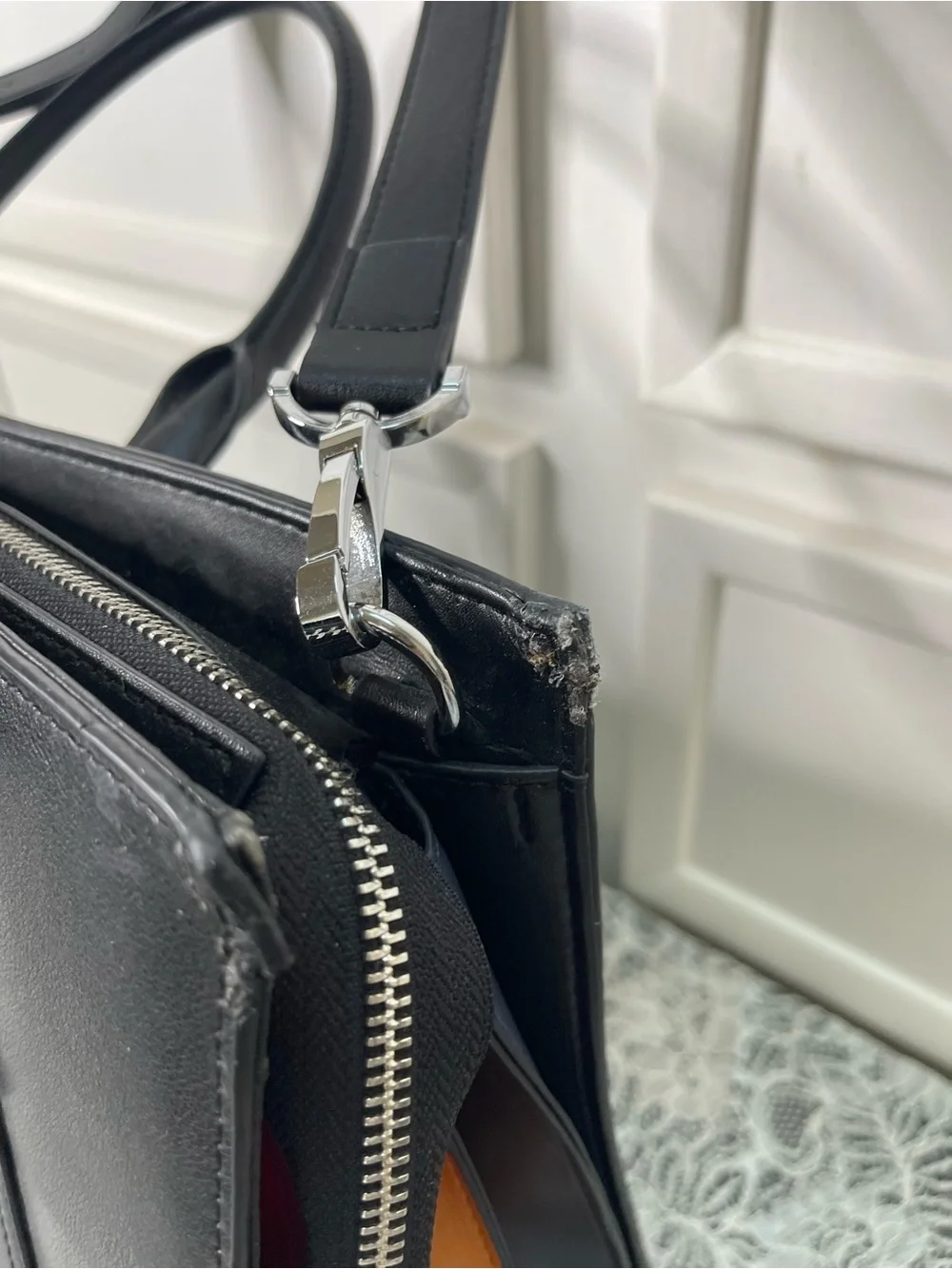Cluci Black Vegan Leather Laptop Briefcase Shoulder Bag Tote Colorblock Gusset